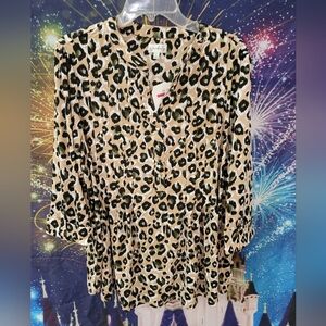 Wonderly Leopard Print Button Front Blouse - Tan/Black/Cream